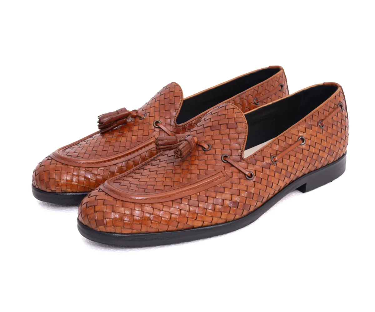 oliver cognac tan woven handmade loafers