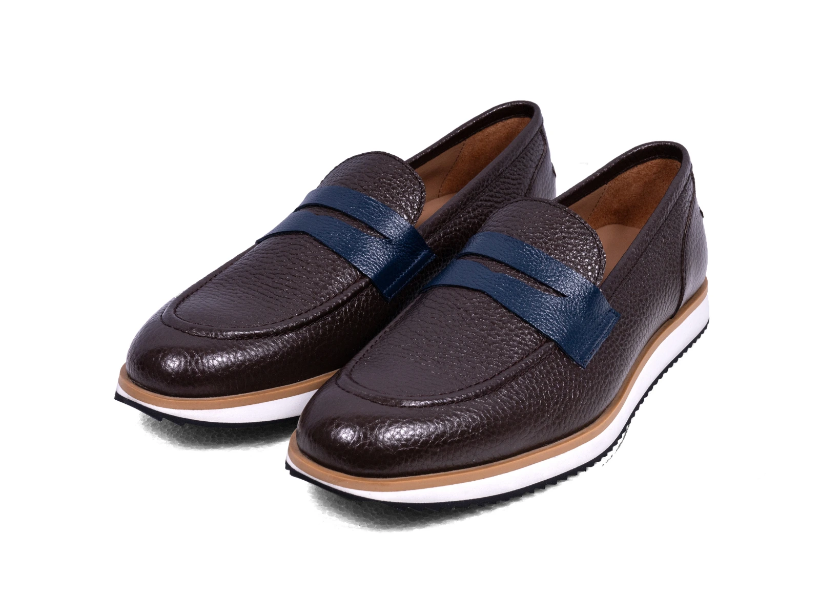 strado brown milled blue milled strap loafers pair