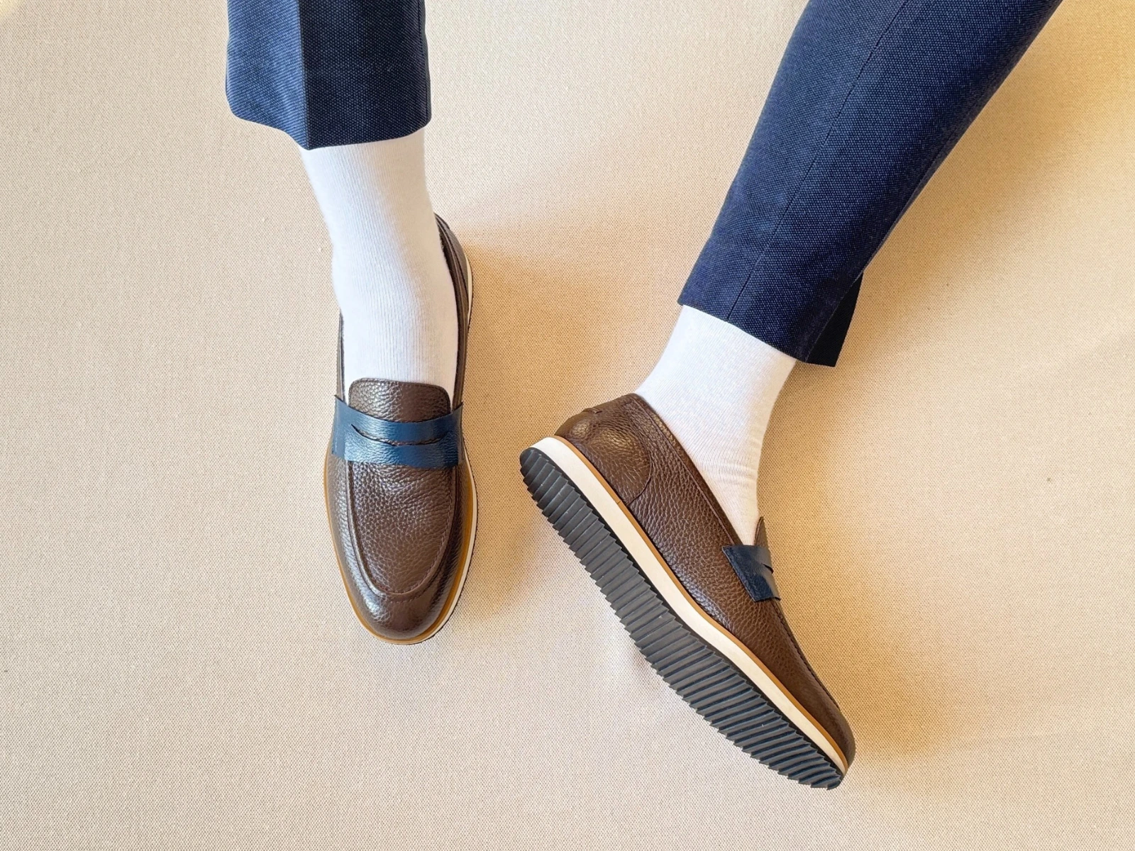 strado brown milled blue milled strap loafers self
